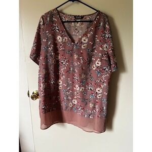 Bloomchic Floral V-Neck Blouse Dusty Rose Mauve Chiffon Hem Top US 14-16